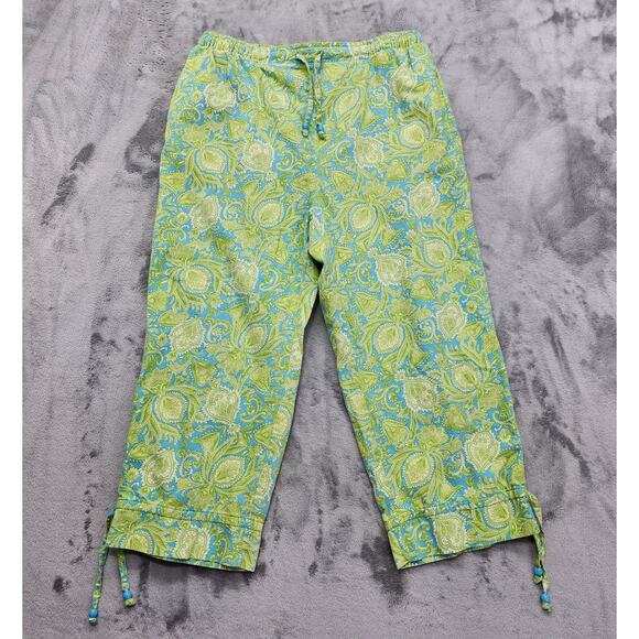 Vintage 90s Erika Pants Womens M Green Blue Leaf Print Linen Blend Pull On Crop - Picture 1 of 9